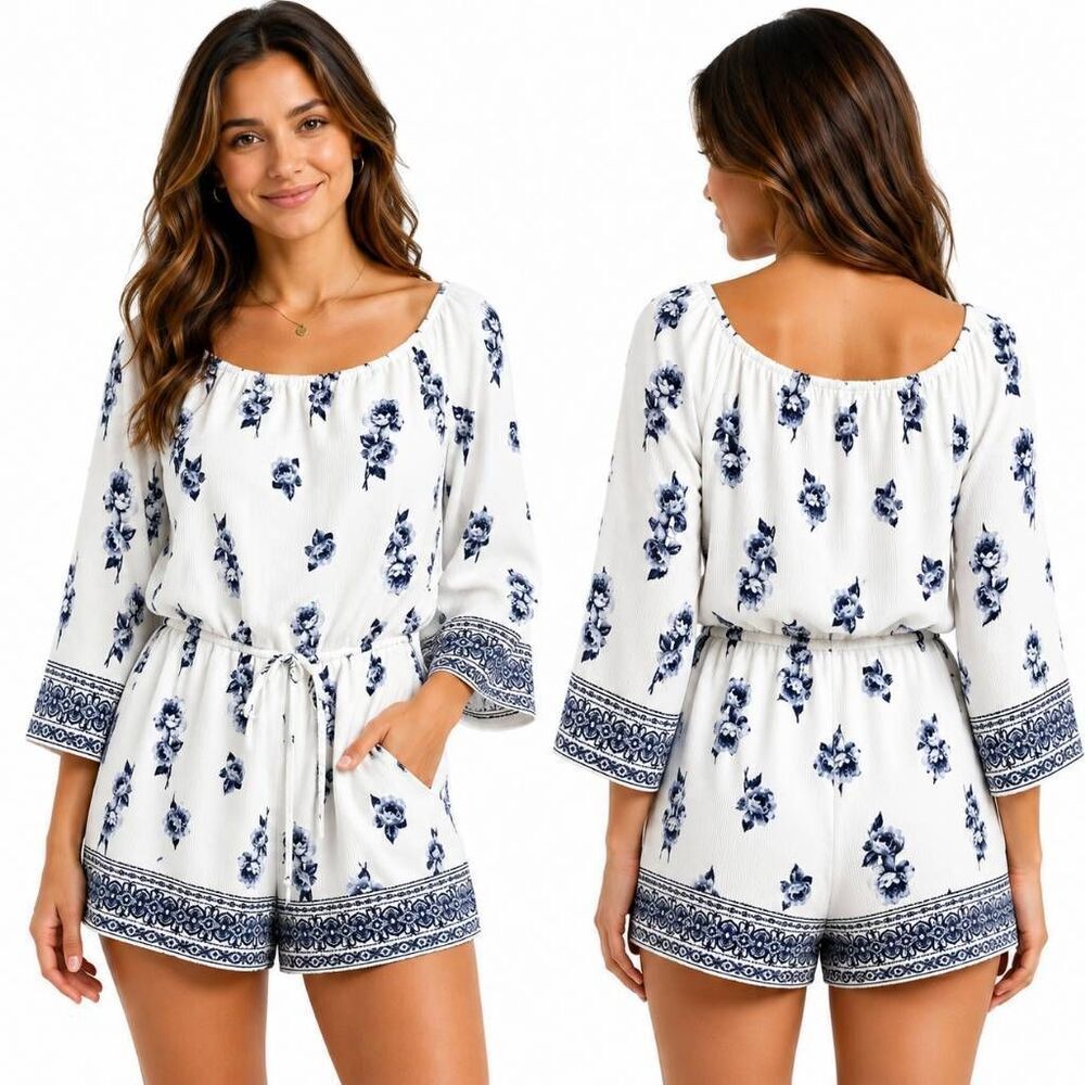Rue 21 Floral Boho Romper Blue White Size Large